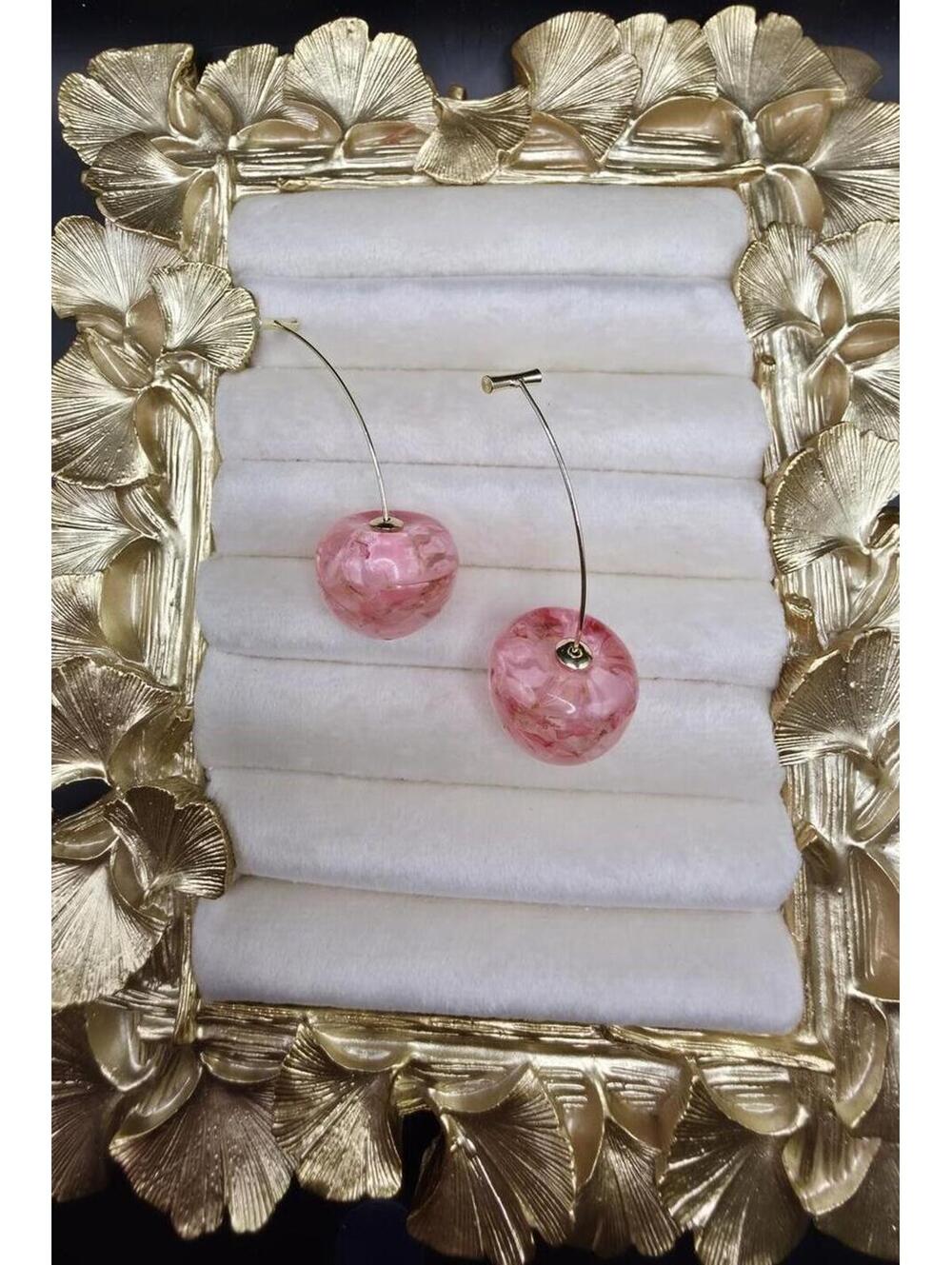 Pink Marbled Bead Dangle Earrings with Gold Tone Wire